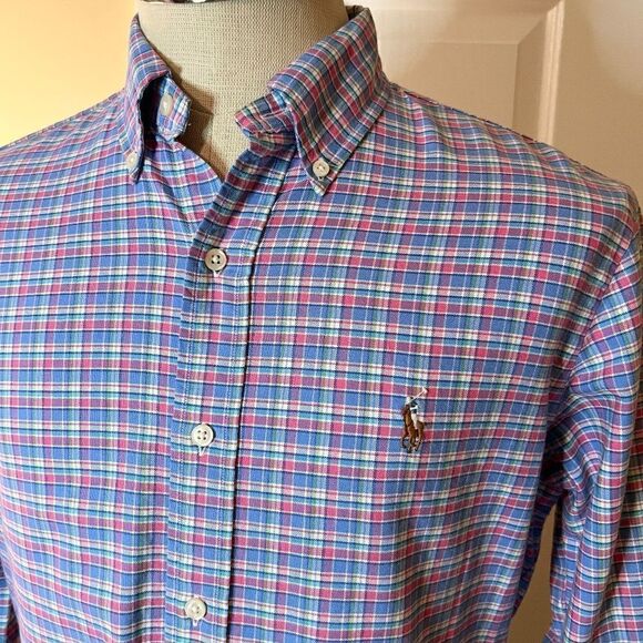 Men's Ralph Lauren Pink Blue Plaid Classic Fit Button Down Oxford Shirt Sz SMALL - Picture 2 of 2